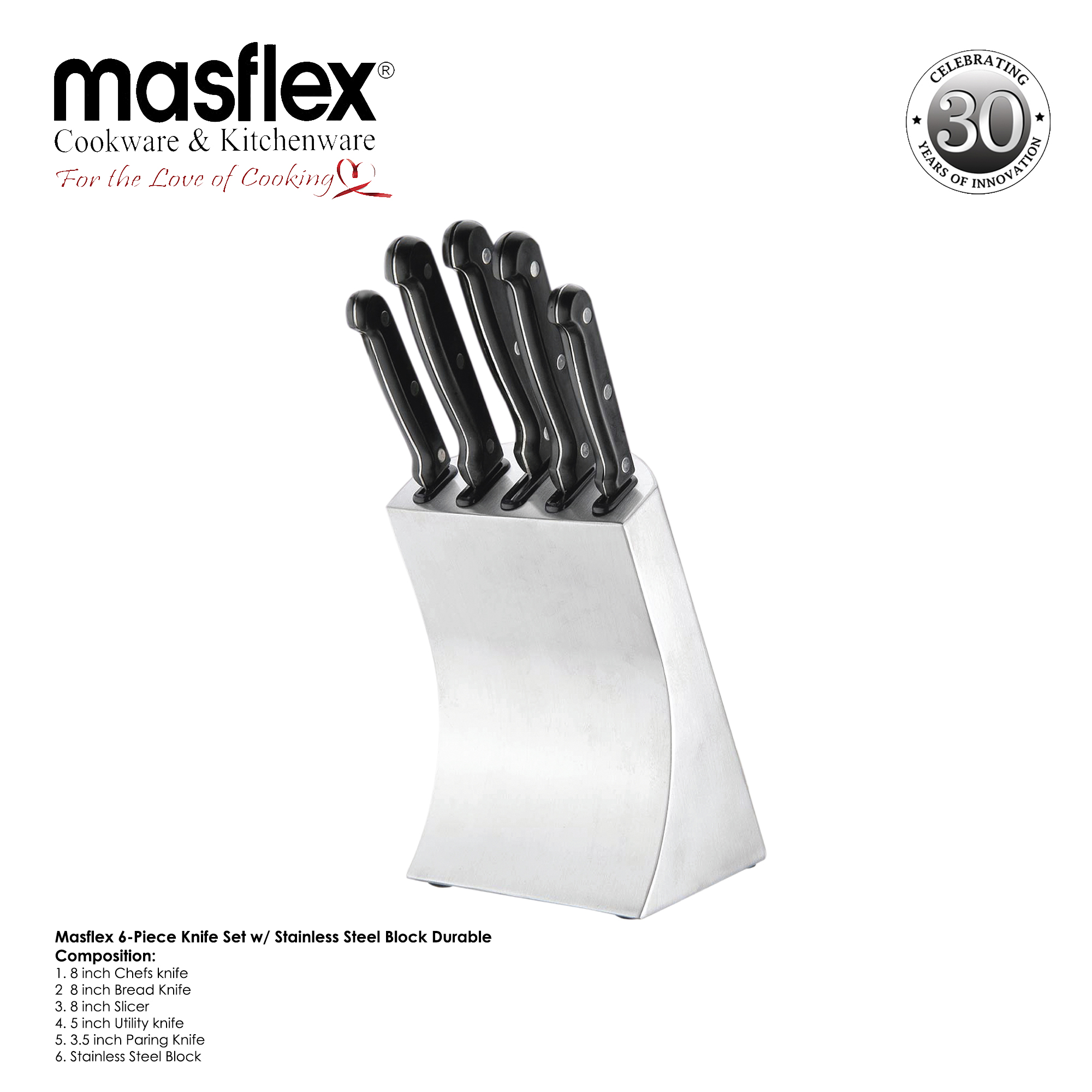 Masflex – 6-Piece Knife Set W/ Stainless Steel Block