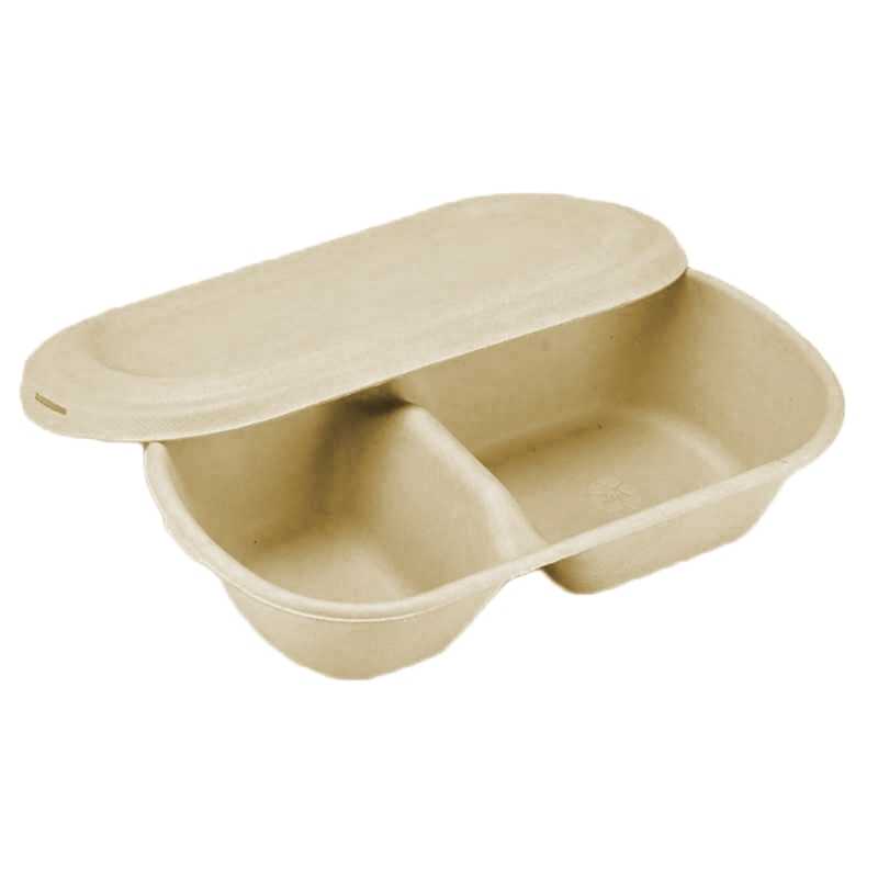 Sugarcane Oval Bowl 2 Compartment w/ Lid (850 mL)